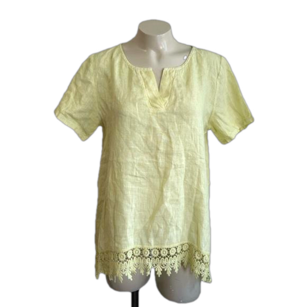 TERZO MILLENNIO yellow linen lace bottom blouse NWT MED made in Italy